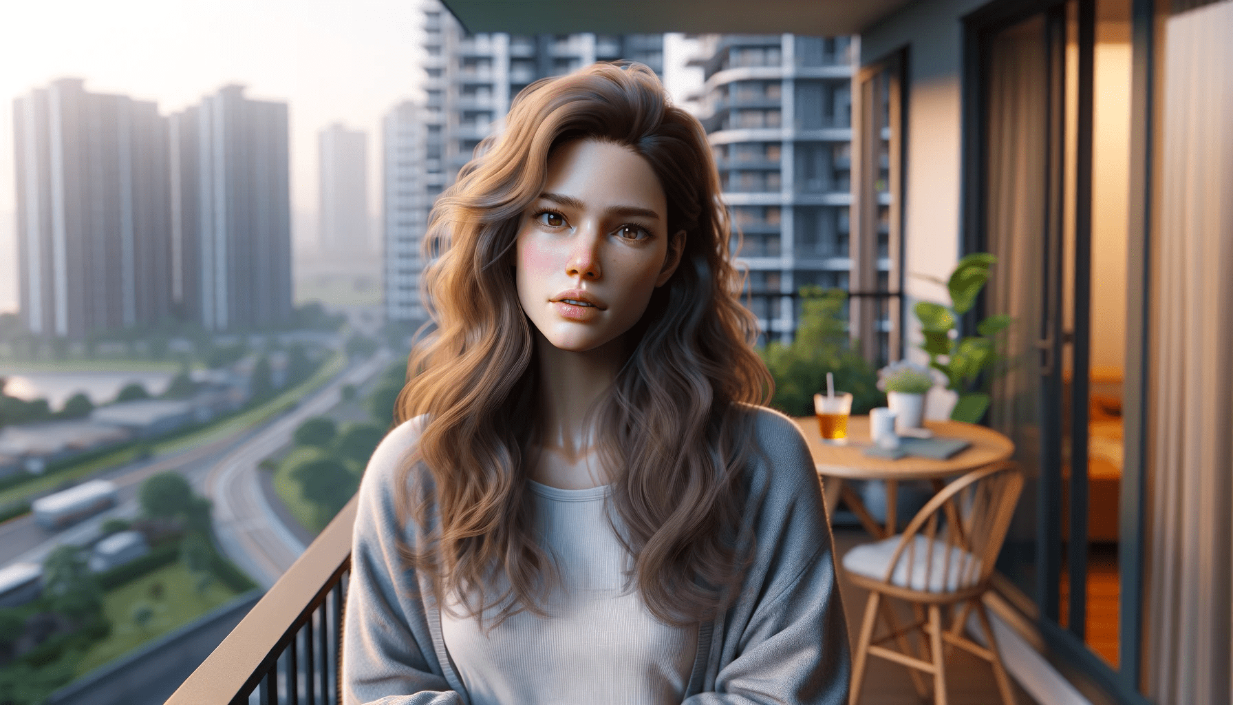 a beautiful woman in her late 20s to early 30s standing in her apartment balcony. She has long flowing hair and shes weari