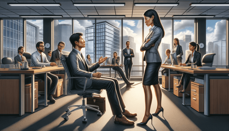 a corporate office scene where a person is dealing with condescending behavior. In this scena