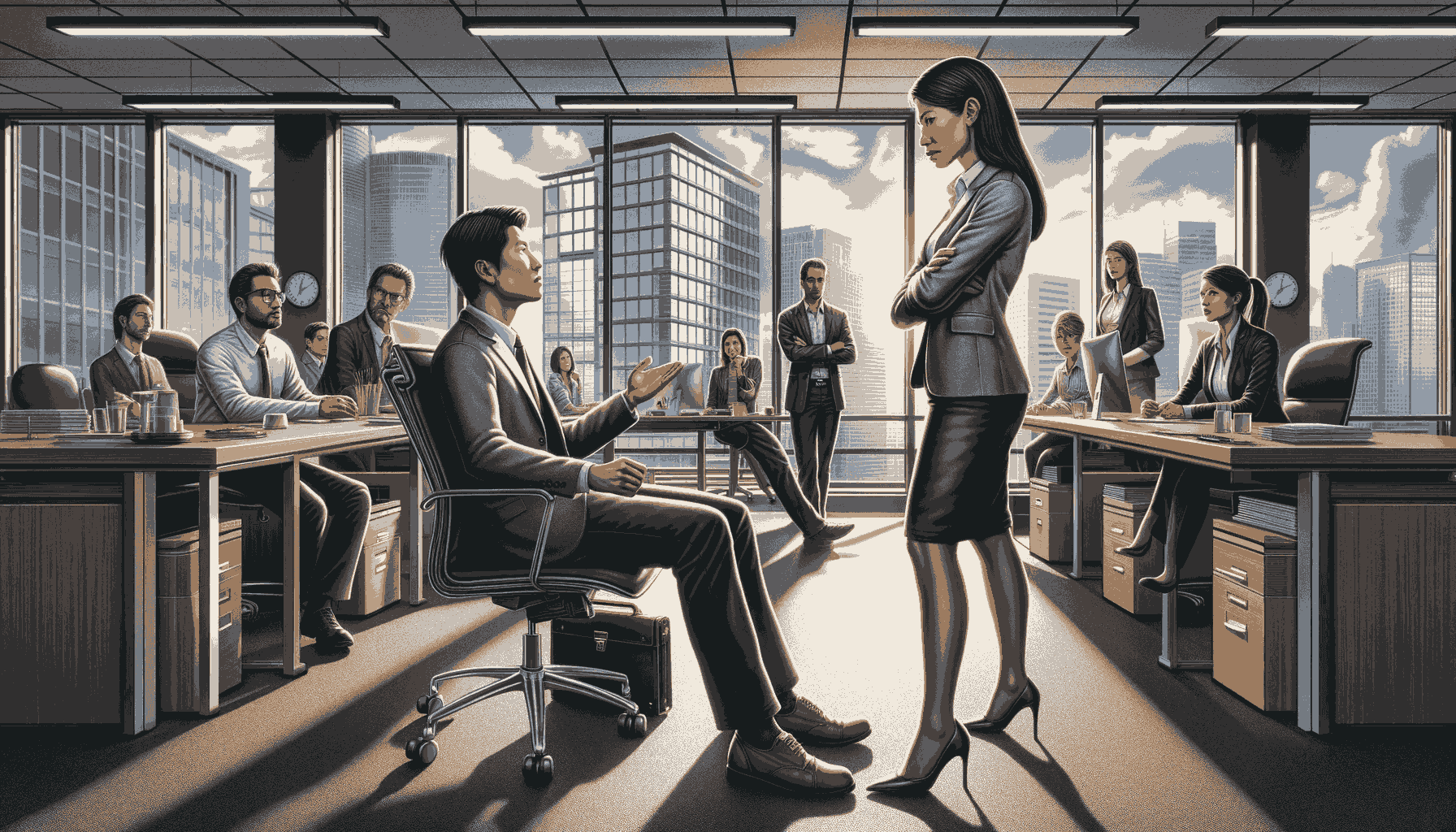 a corporate office scene where a person is dealing with condescending behavior. In this scena