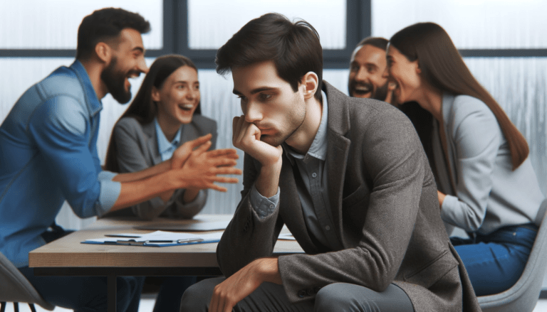 a person in an office setting surrounded by colleagues who are discussing and laughing. However this individual looks downcast