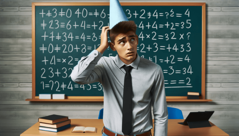 a person wearing a dunce cap standing in front of a chalkboard with simple mathematical errors evident in the