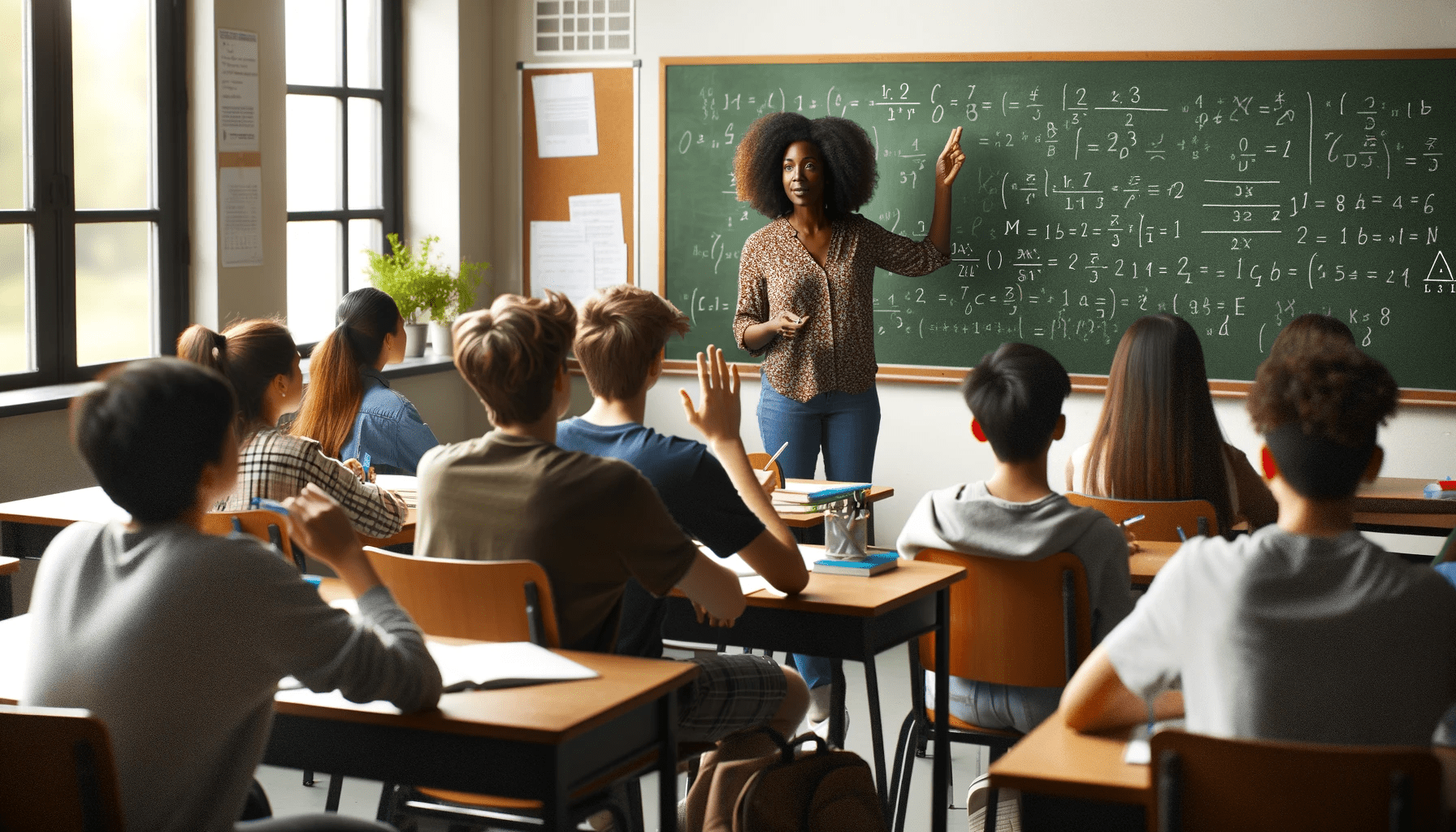 a teacher standing at the front near a blackboard interacting with diverse students sitting at their desks. The teacher a Bla