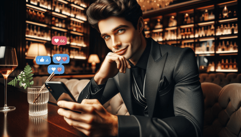 a young Caucasian man with dark brown hair dressed in a sharp suit sitting at a luxurious bar with a sly smile. His
