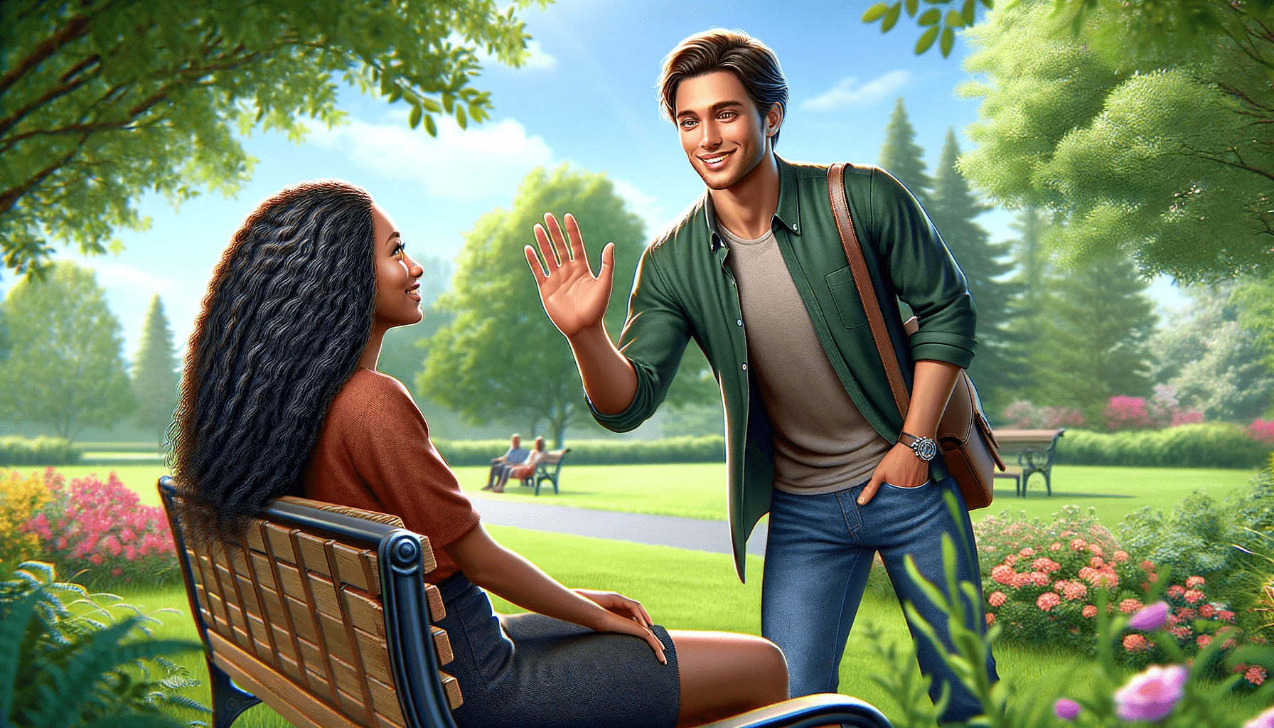 a young man in his 20s Caucasian greeting a young woman in her 20s Black in a park. The man is waving and smiling