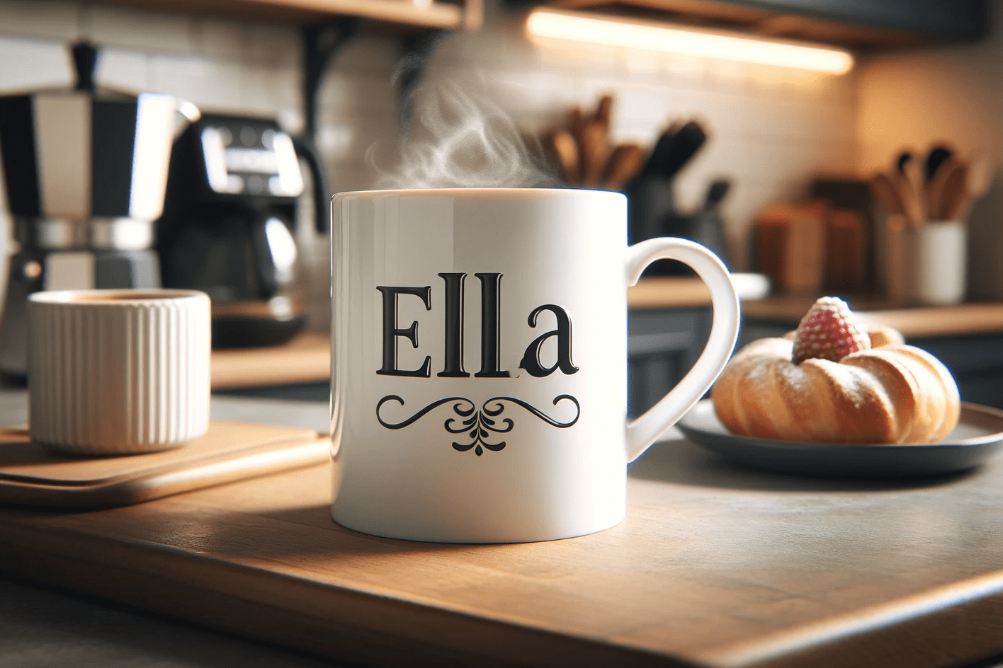 coffee mug on a kitchen counter with the four letter nickname Ella printed in stylish font. The mug is filled with stea