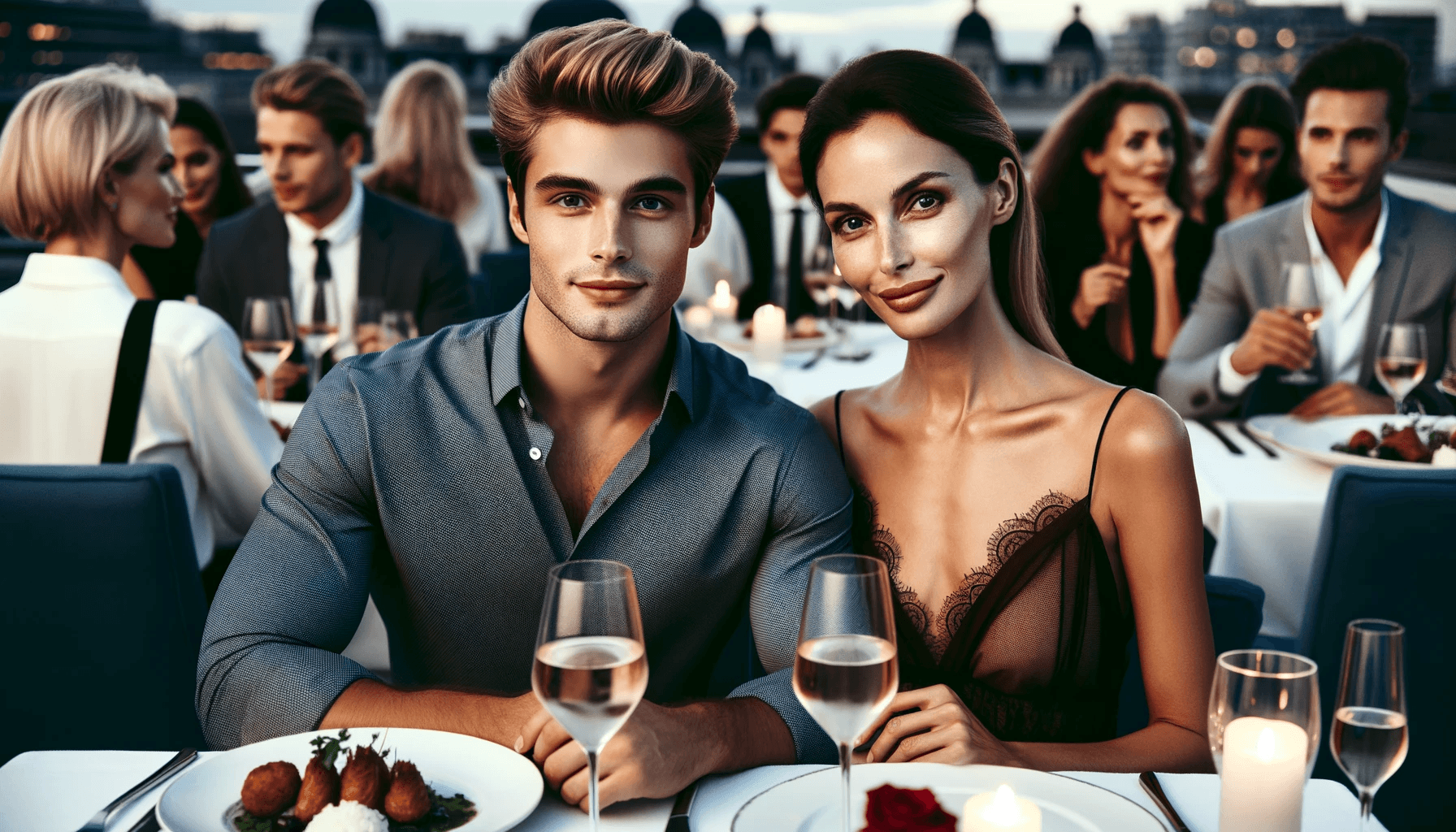 couple at a romantic rooftop dinner date. The man looks quite young resembling a university undergraduate with a clean sh