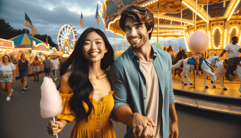 couple enjoying a fun fair. The woman a South Asian with long black hair is wearing a bright yellow dress and the man