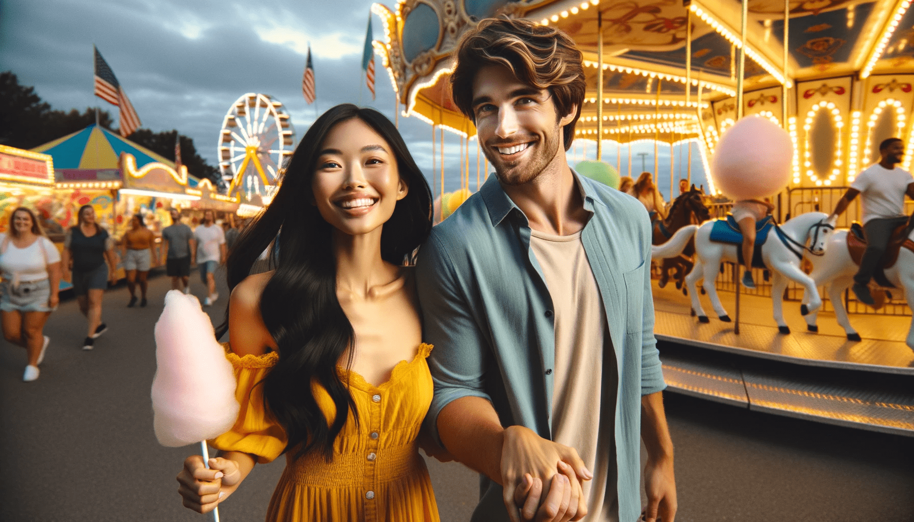 couple enjoying a fun fair. The woman a South Asian with long black hair is wearing a bright yellow dress and the man