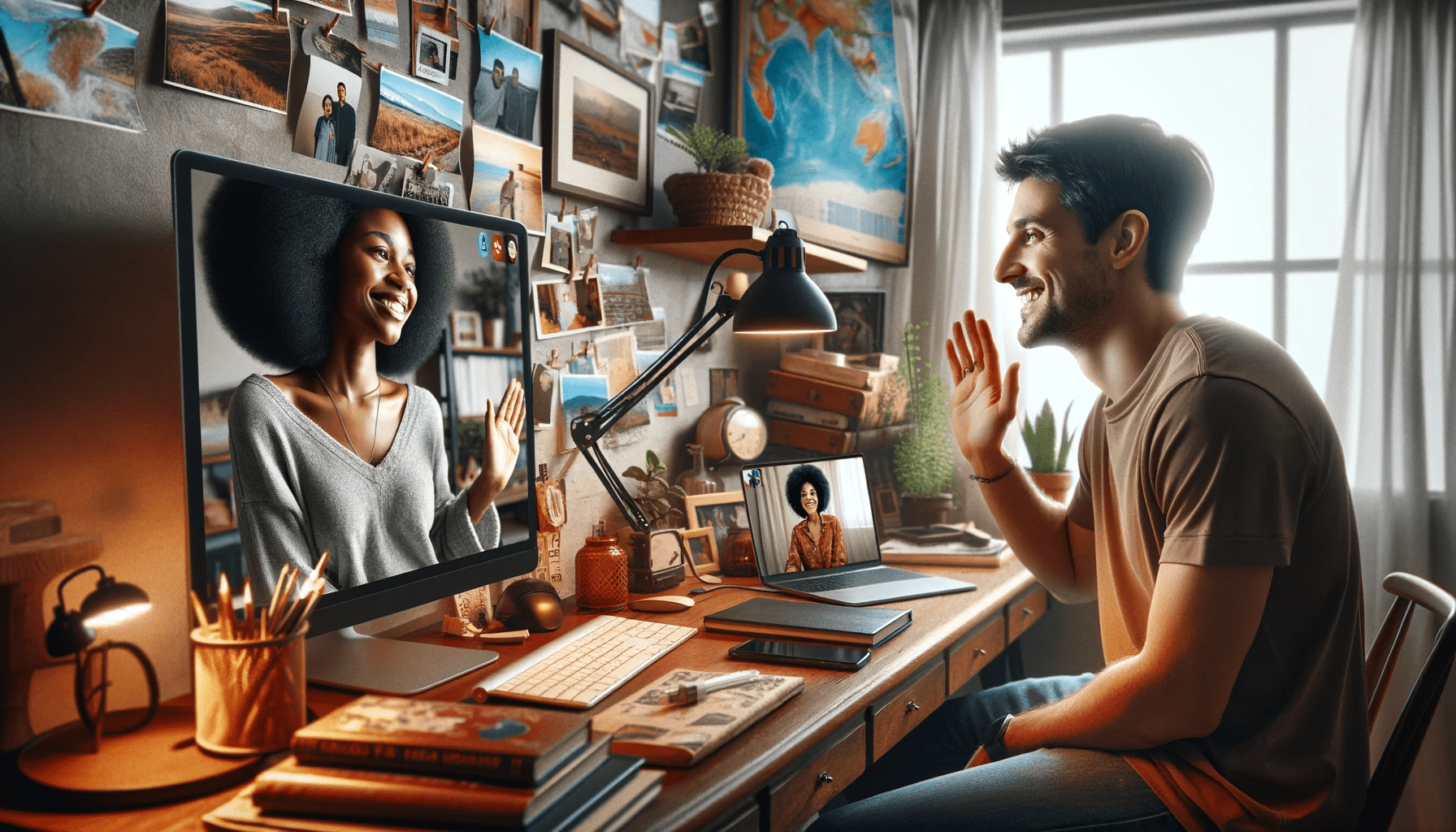 diverse couple in a long distance relationship. A Black woman and a Caucasian man both in their mid 20s are c