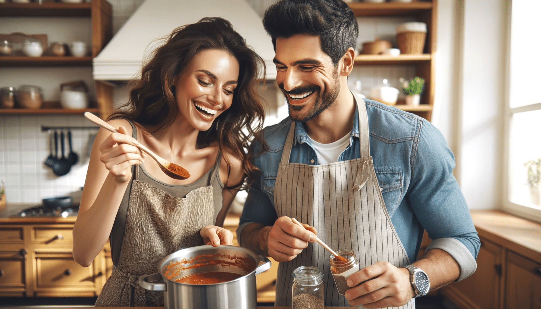 happy couple in their early thirties cooking together in a modern kitchen. The man with a medium complexion short black