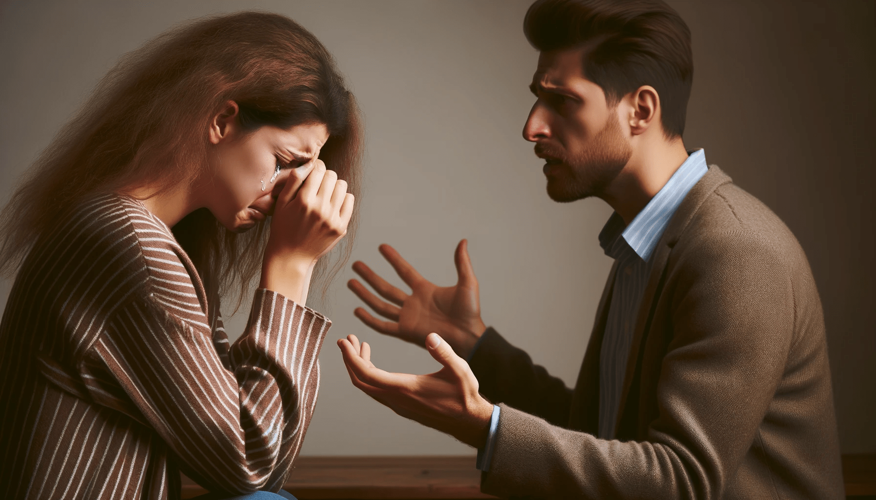 image capturing an emotional moment  A woman deeply hurt shedding tears while a man next to her is gesturing and attempting to explain o