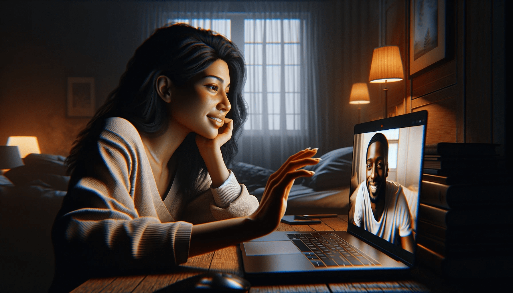 image of a couple maintaining a long distance relationship. On the left a South Asian woman in her late twenties sits at h