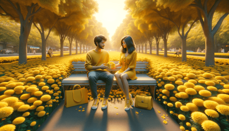 image of a couple sitting on a bench in a park filled with yellow flowers and trees. They are dressed in casual clothes