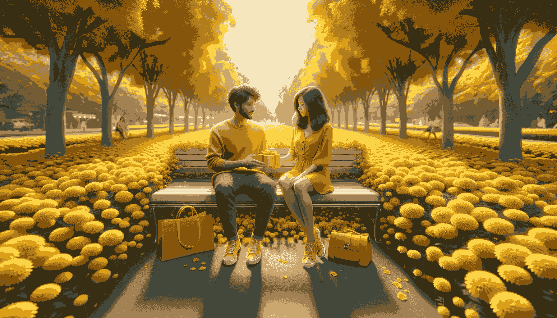 image of a couple sitting on a bench in a park filled with yellow flowers and trees. They are dressed in casual clothes