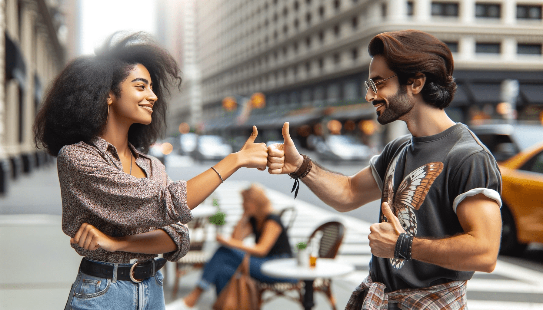 image of two friends a Middle Eastern man and a Black woman both in their late 20s meeting on a city street corner. They are creativel