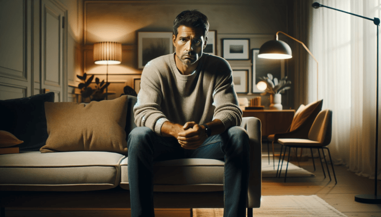 in a well lit modern living room adorned with contemporary furniture a Caucasian man in his early 40s sits on a plush sofa. The room has soft beige