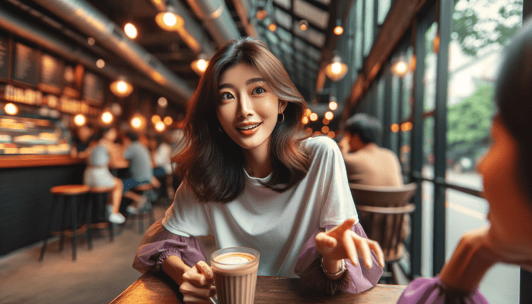lively moment at a cafe where two women are engaged in a conversation. The first woman is of East Asian descent i