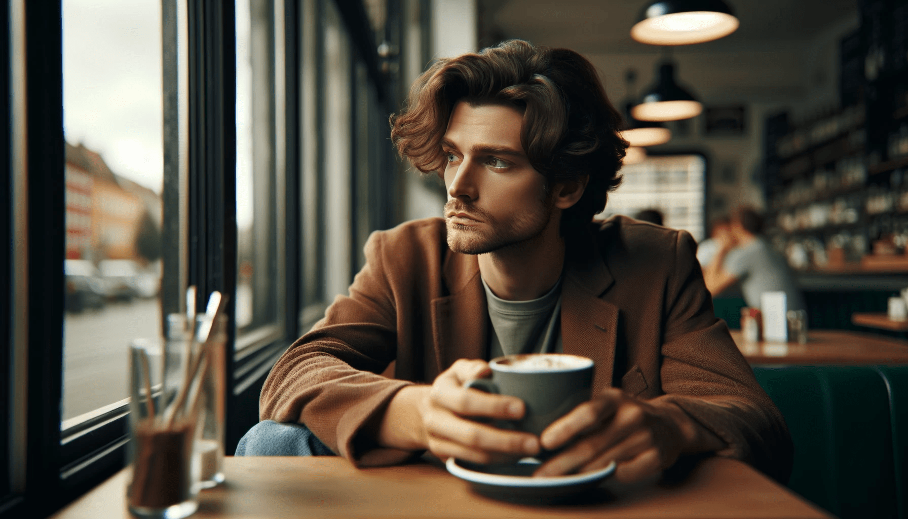 person in their early 30s sitting alone in a cafe post breakup staring out of the window with a pensive look. The individ
