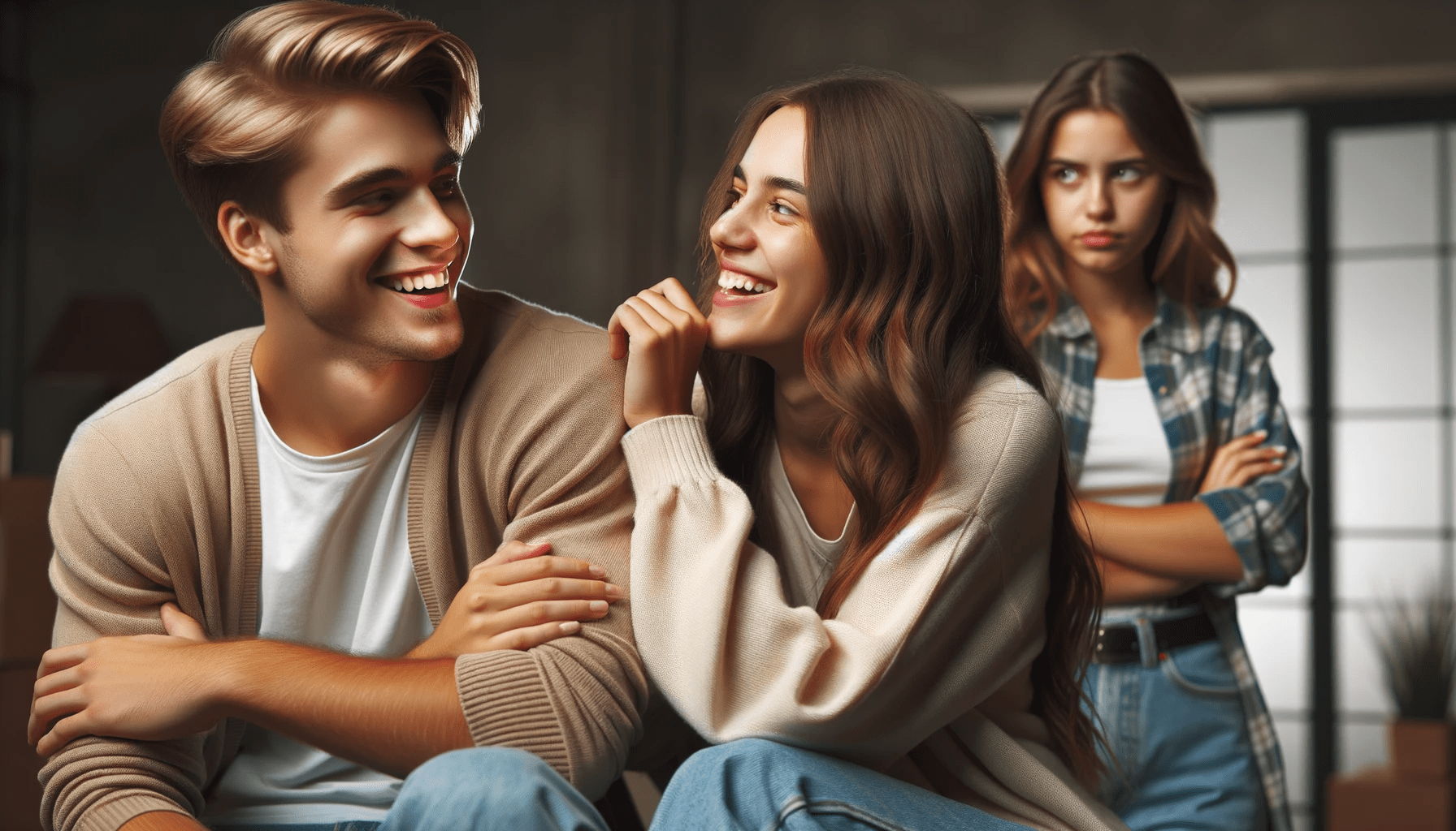 photo of a young man engaged in a lively conversation with a girl both smiling and enjoying their interaction. A few steps away another y