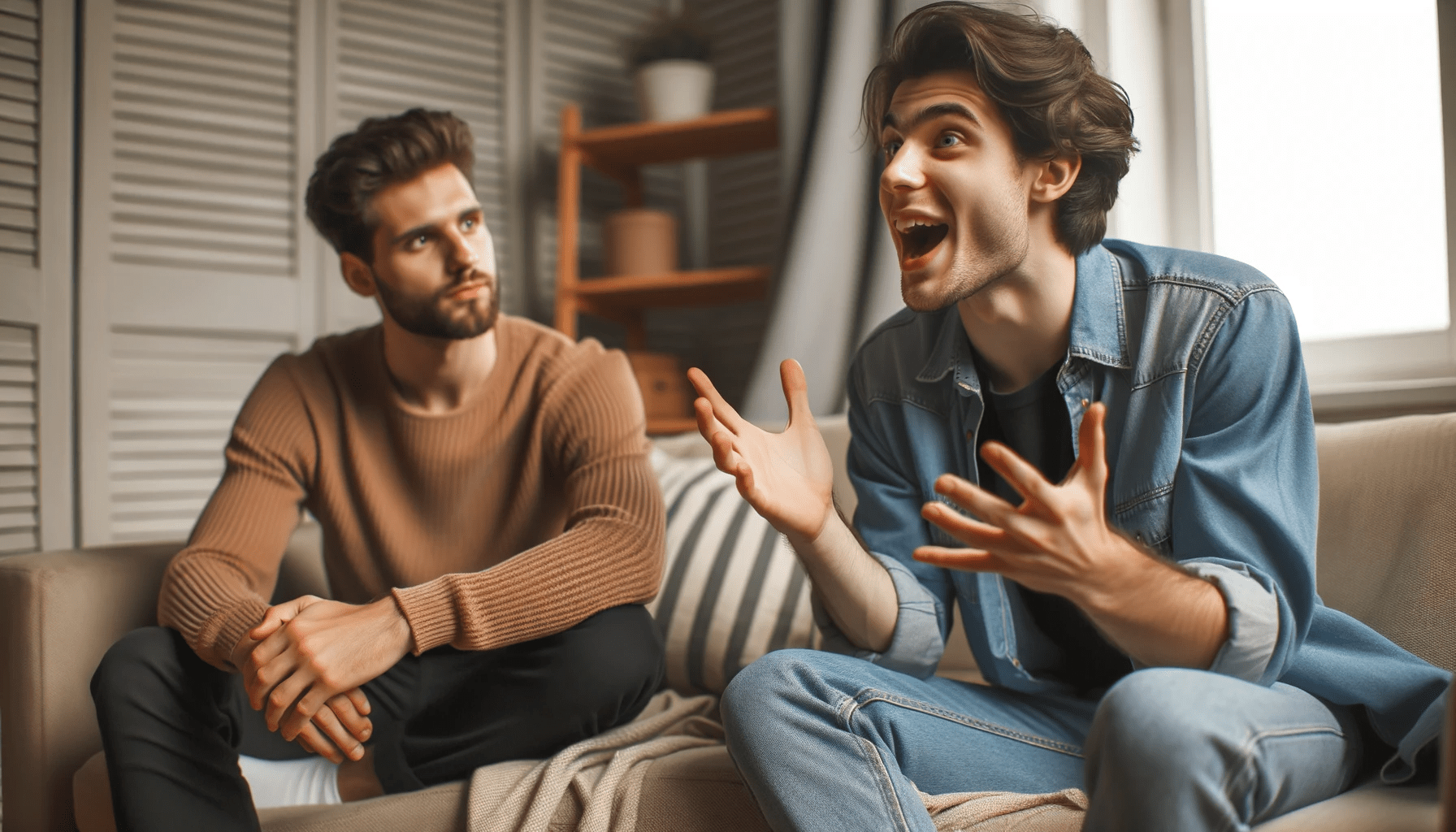 two friends engaged in a conversation in a cozy living room setting. One friend is passionately speaking their face animated and