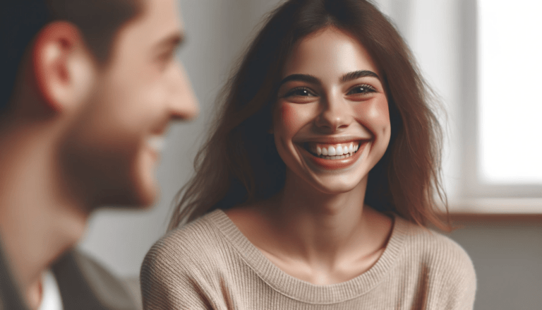 two people in a room. One individual is radiating genuine happiness their face lit up with a bright smile eyes sparkling with jo