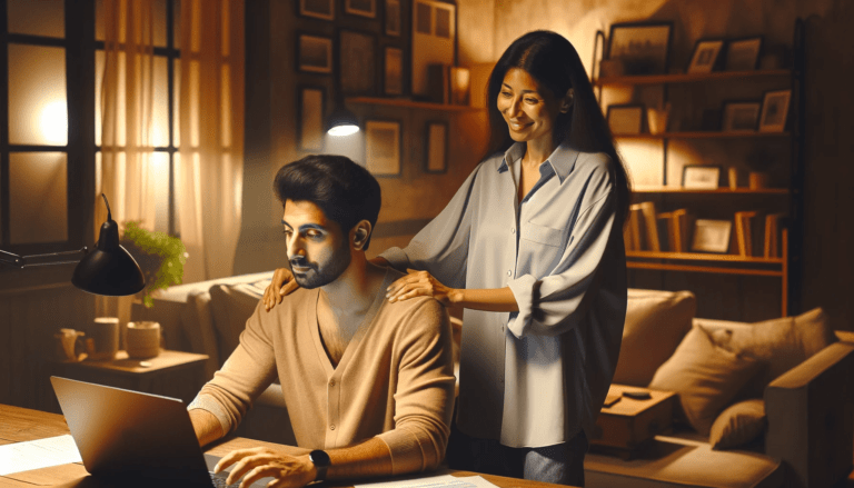 woman in her late 20s of South Asian descent encouraging her partner a Middle Eastern man in his early 30s. The setting is