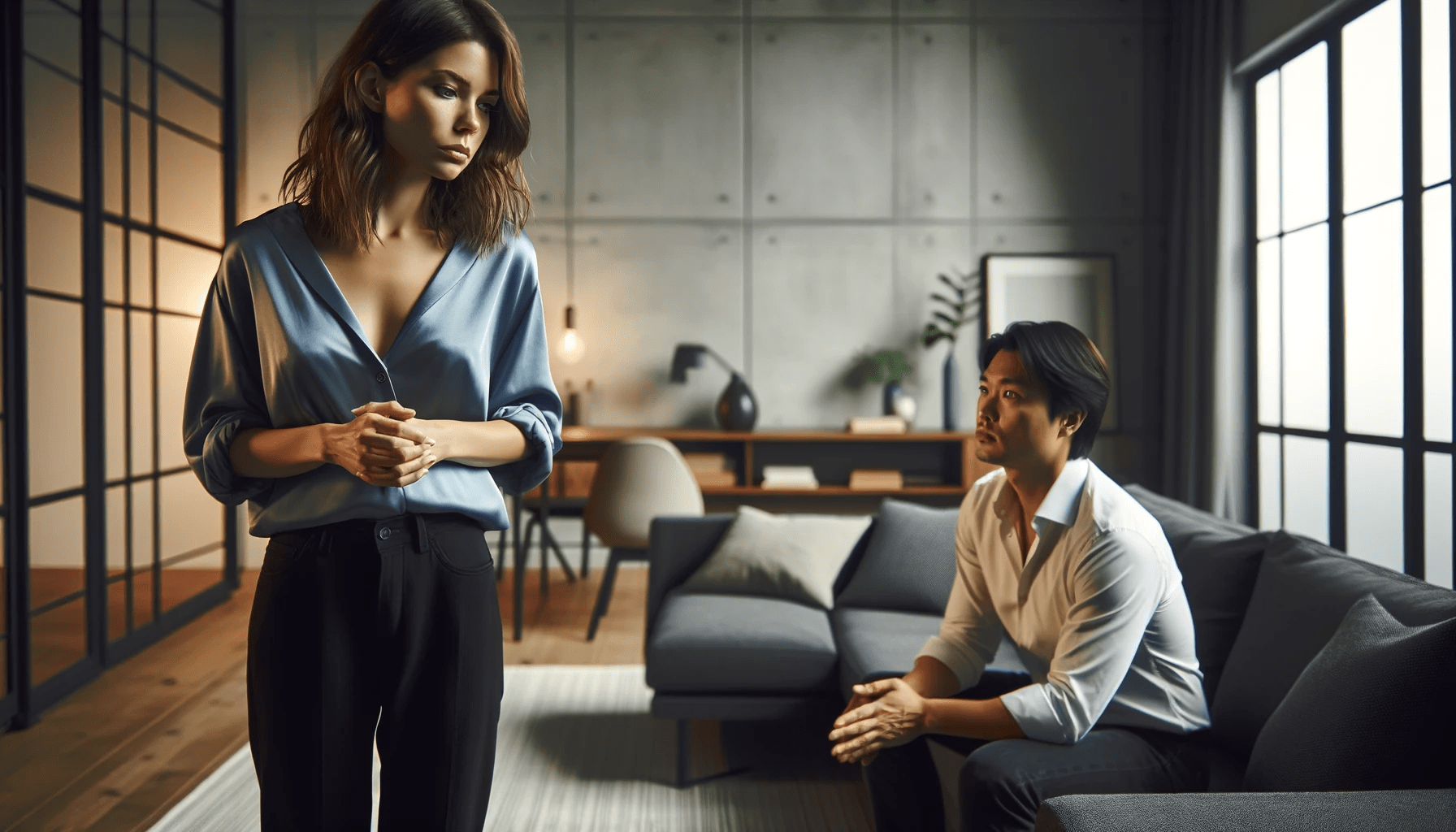 woman in her late twenties standing in a modern living room with a remorseful expression. She is facing an Asian man