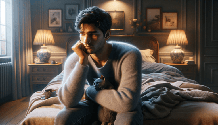young man with dark hair sitting in his well lit bedroom. He wears a soft light blue colored sweater and has a