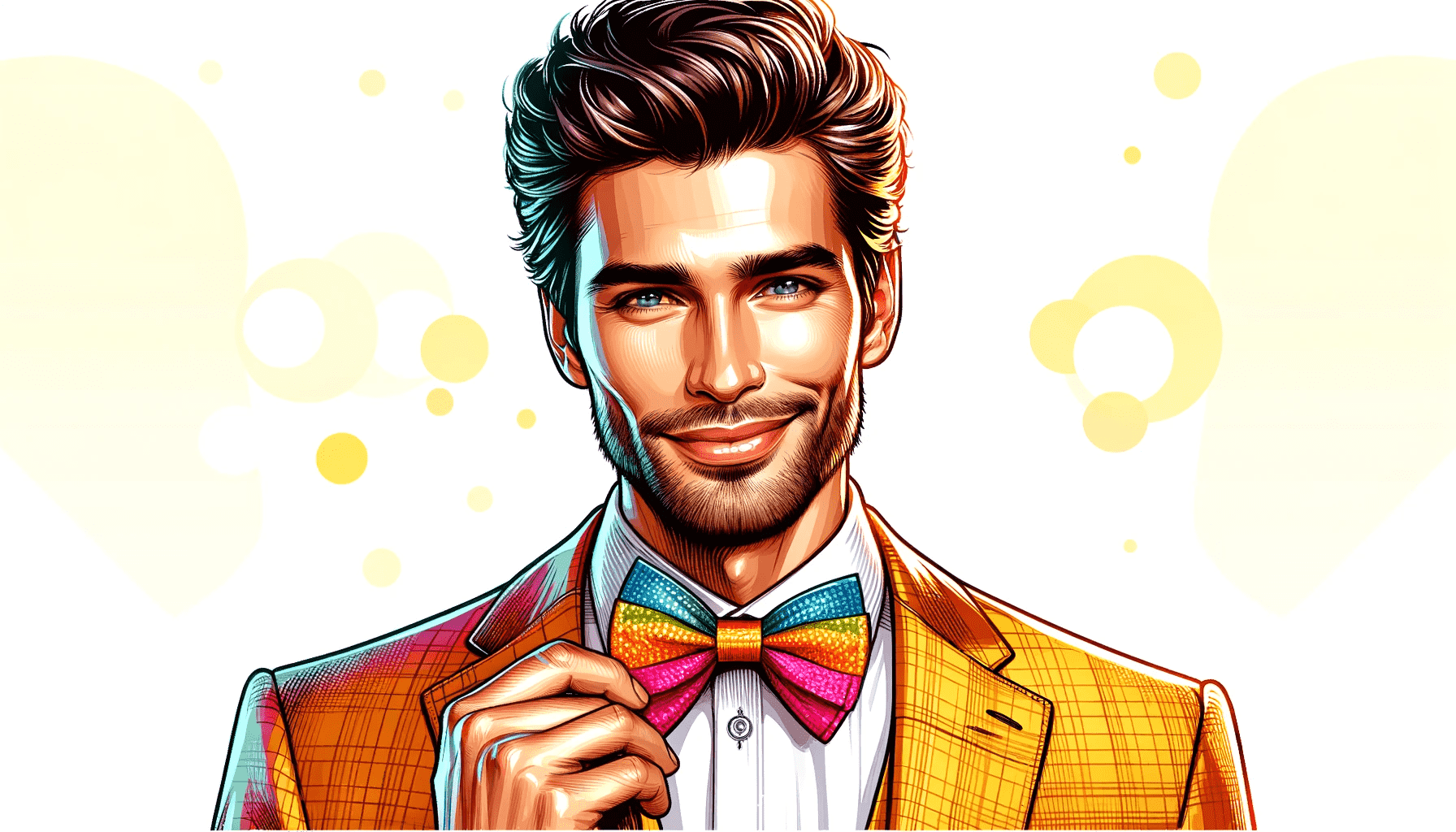 a man wearing a colorful bow tie