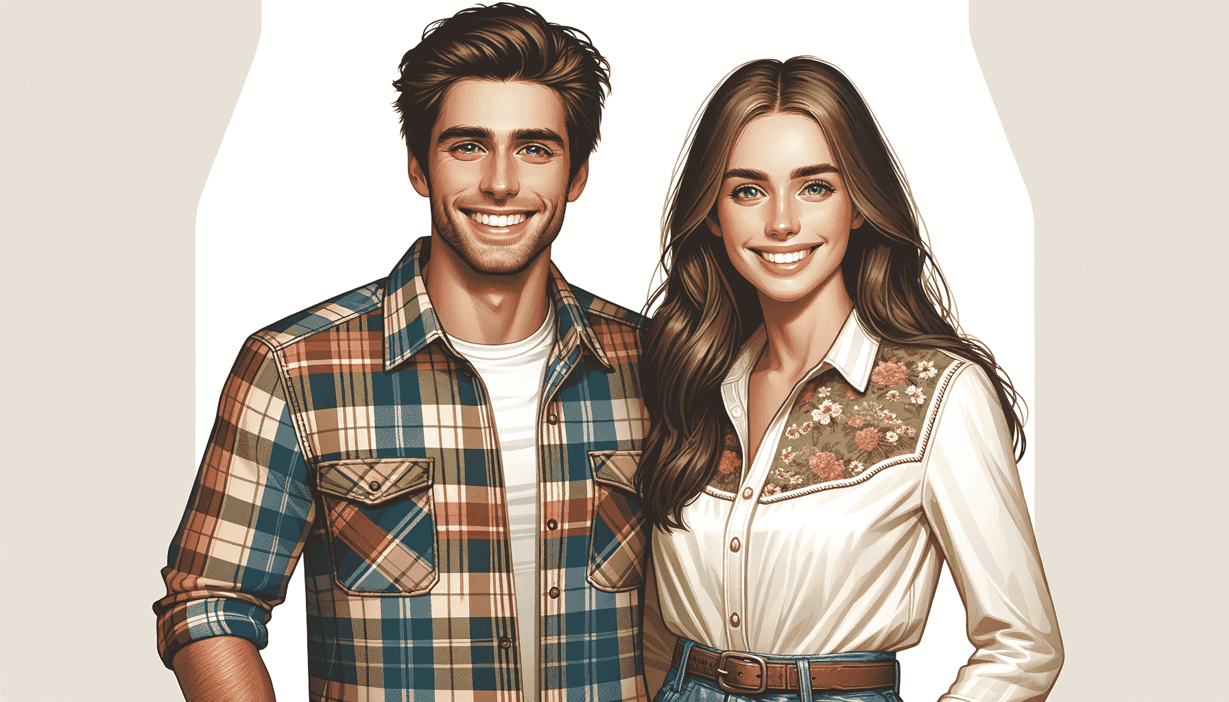Happy Couple Wearing Country-Style Shirts