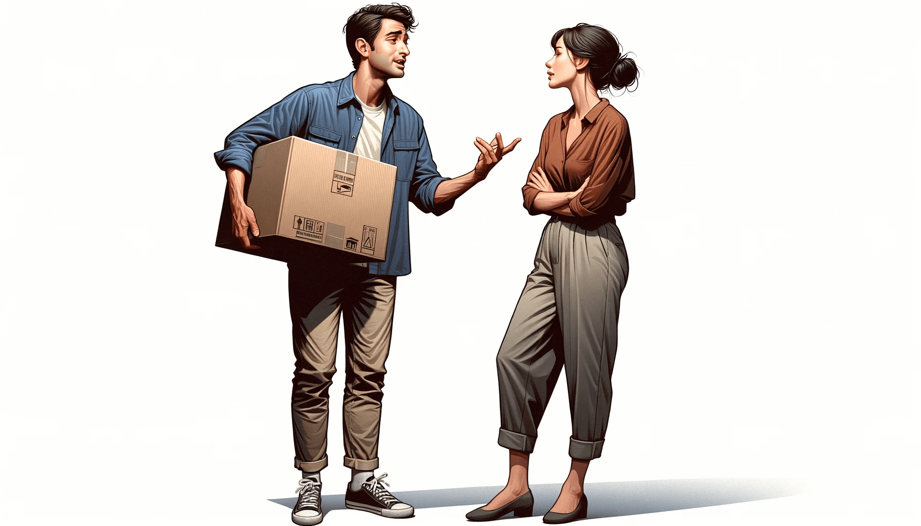 a man carrying a box talking with a woman