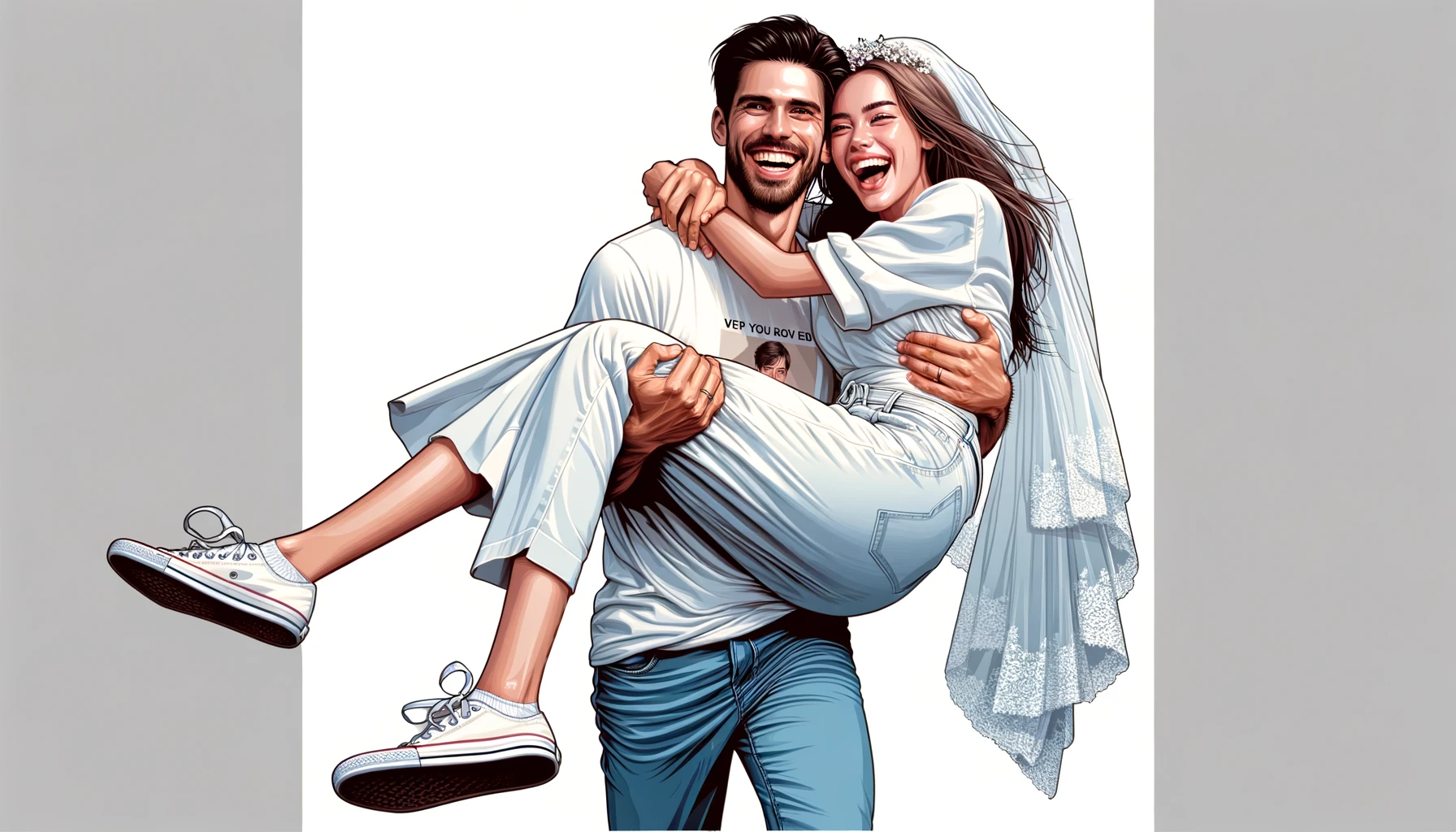 joyful couple playing bridal style carrying