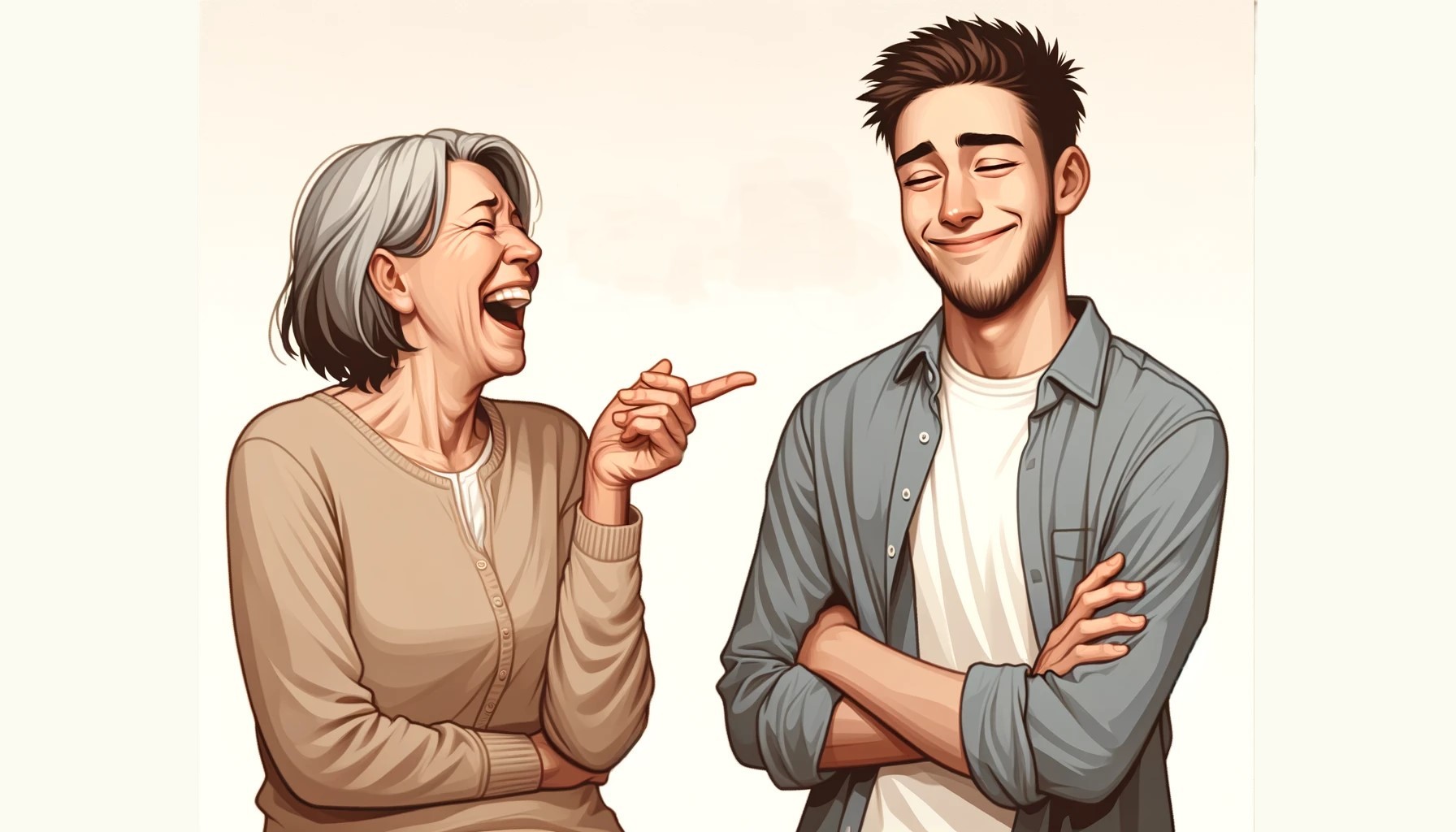 mother and son making jokes