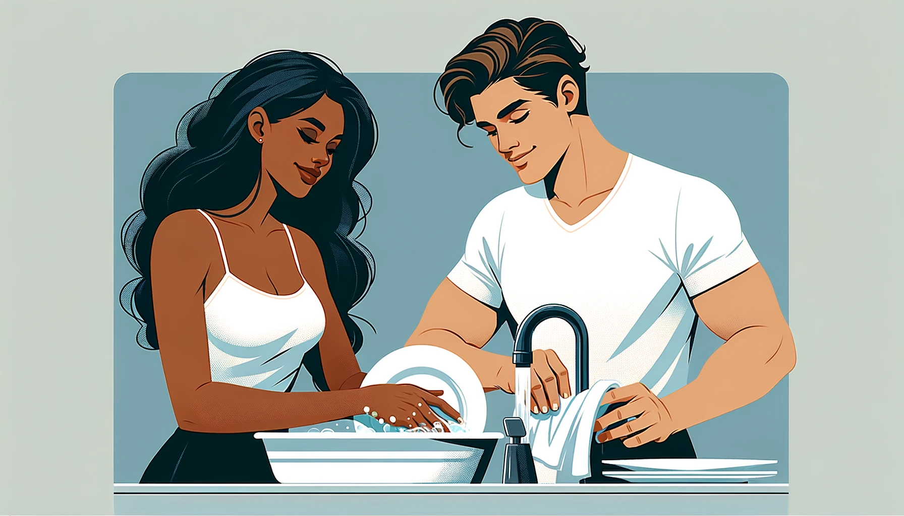 couple washing dishes together